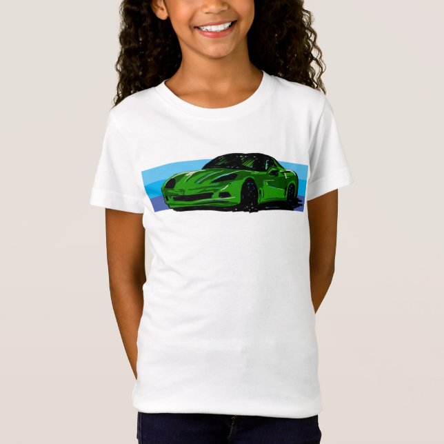 Camiseta Corvette verde brillante C6 con franjas azules (Anverso)