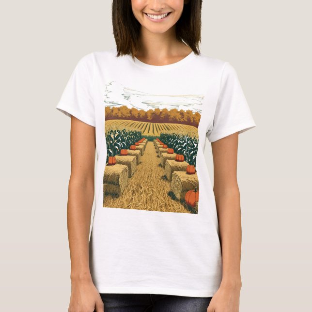 Camiseta Cosecha Dorada 🌾🎑 Campos de maíz y pacas de heno (Anverso)