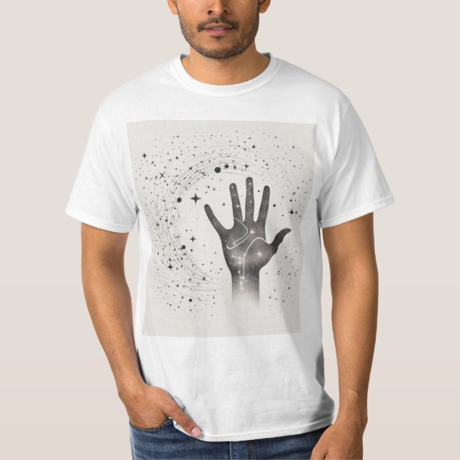 Camiseta Cosmic Hand in Starry Galaxy – Surreal Spiritual S (Anverso)