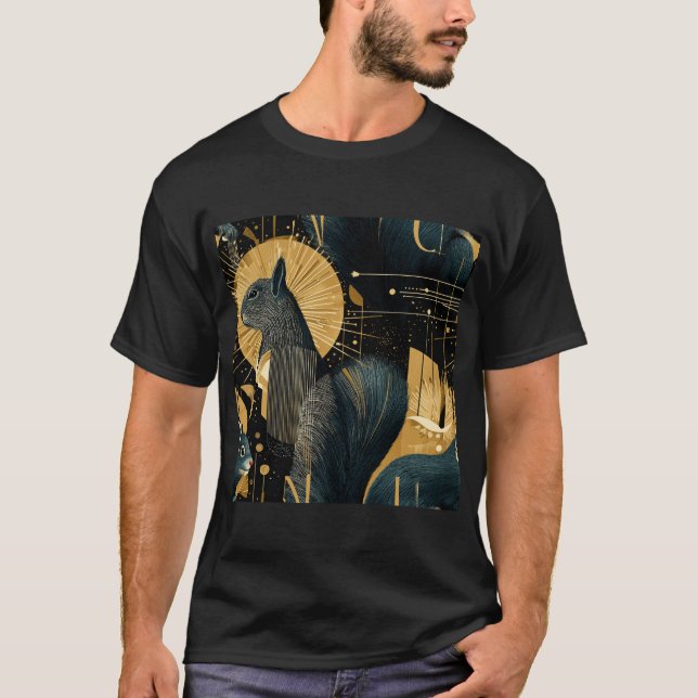 Camiseta Cosmic Squirrels – Black & Gold Art Deco Pattern (Anverso)