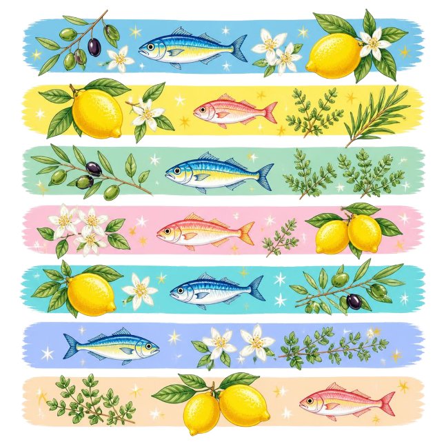 Camiseta Costera de Pescado Mediterráneo (Inspired by Mediterranean flavors and seaside charm, this colorful fish design features lemons, oliv)