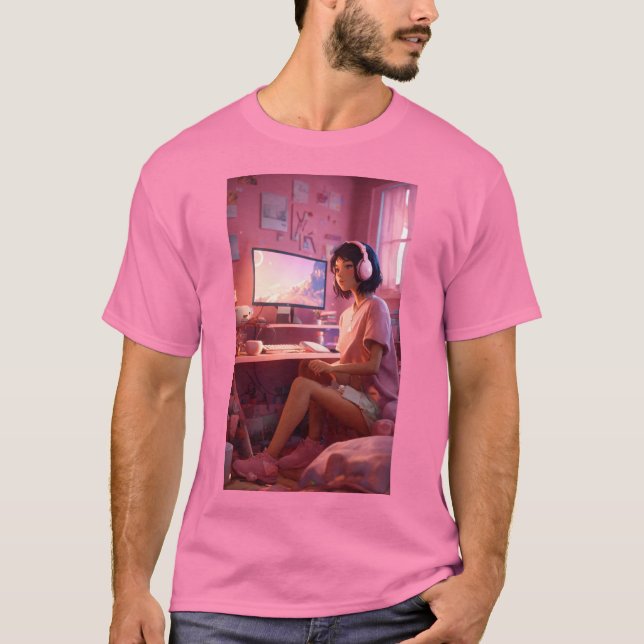 Camiseta "Cosy Lofi Vibes: Un Chica simpático en Pastel Hav (Anverso)