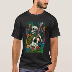 Camiseta Cottagecore Wildflower Skeleton Tocando Guitar Aes