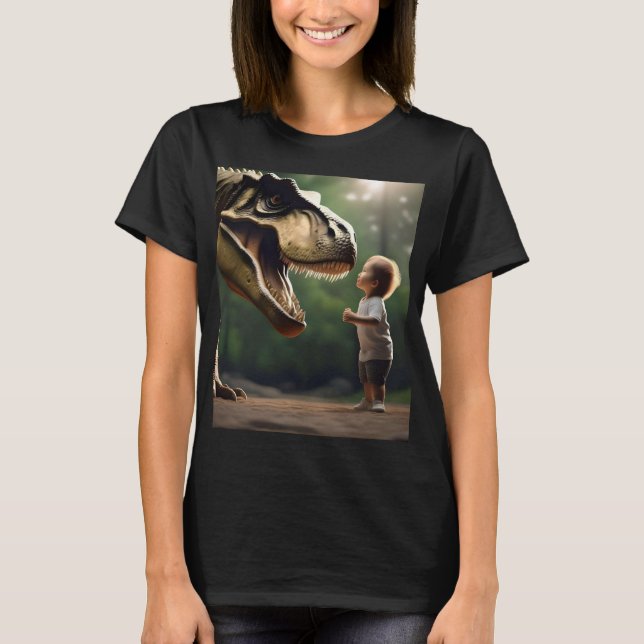 Camiseta **"Courage Unleashed: A Small Boy Faces the T-Rex" (Anverso)