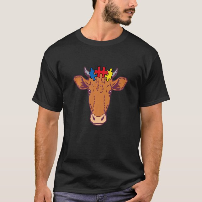 Camiseta Cow Face Puzzle Piece Autism Awareness Farm Animal (Anverso)