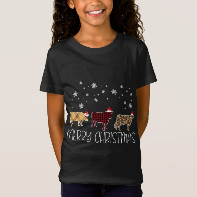 Camiseta Cow Merry Christmas Cute Plaid Leopardo X-Mas Paja (Anverso)