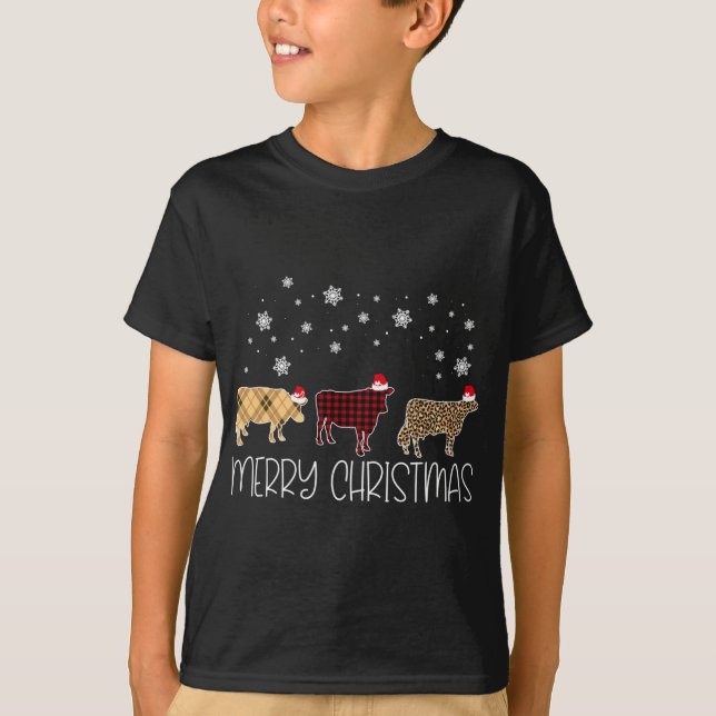 Camiseta Cow Merry Christmas Cute Plaid Leopardo X-Mas Paja (Anverso)