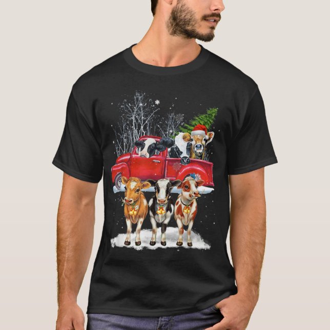 Camiseta Cow Montando Camión Rojo Merry Christmas Farm Aves (Anverso)
