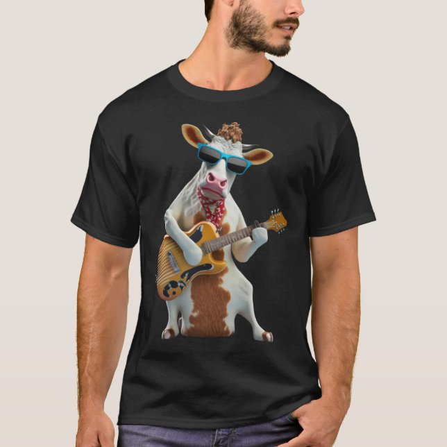 Camiseta Cow Playing Electric Guitar  Animal Cow  Guitar  1 (Anverso)