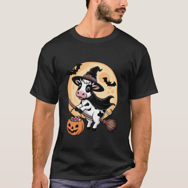 Camiseta Cow Witch Hat Pumpkin Halloween Costume Men Women  (Anverso)