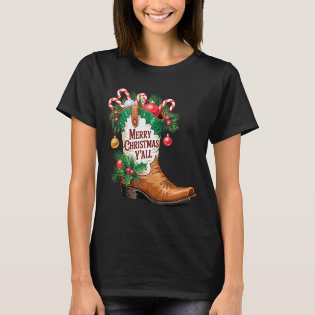 Camiseta Cowboy Boots Country Western Merry Christmas Y'all (Anverso)