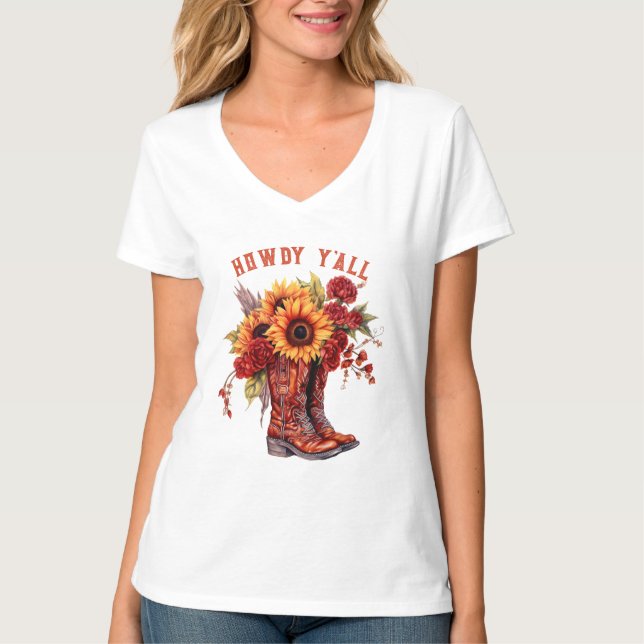 Camiseta Cowboy Boots T-Shirt, howdy y'all Boots girasol (Anverso)