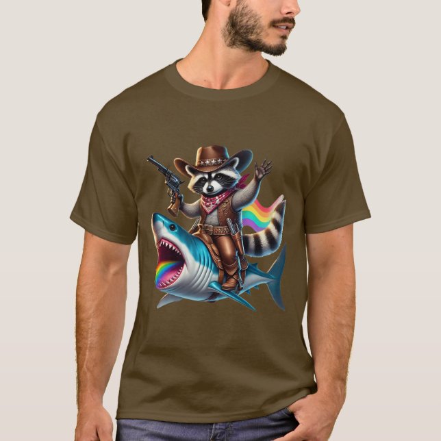 Camiseta Cowboy divertido mapache arte arcoiris de tiburón (Anverso)