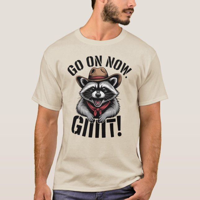 Camiseta Cowboy gracioso en Raccoon se va ahora al oeste de (Anverso)