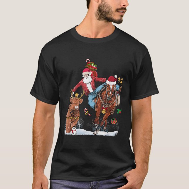 Camiseta Cowboy Santa Bulldogging Western Cowboy Xmas Funny (Anverso)