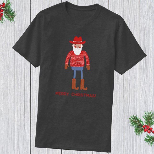 Camiseta Cowboy Santa Custom Text Christmas (Funny Cowboy Santa Claus Christmas holidays T-shirt with custom text)