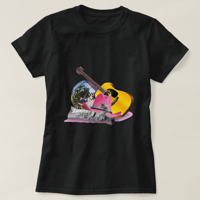 Camiseta Cowgirl Rosa Gorra Disco Ball Boots Guitarra (Diseño del anverso)