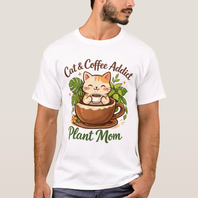 Camiseta Cozy Cat Coffee and Plants Artwork (Anverso)