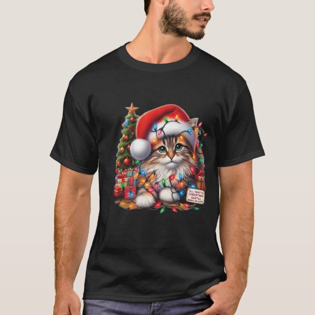 Camiseta Cozy Cat in Christmas Lights, Santa Hat  (Anverso)