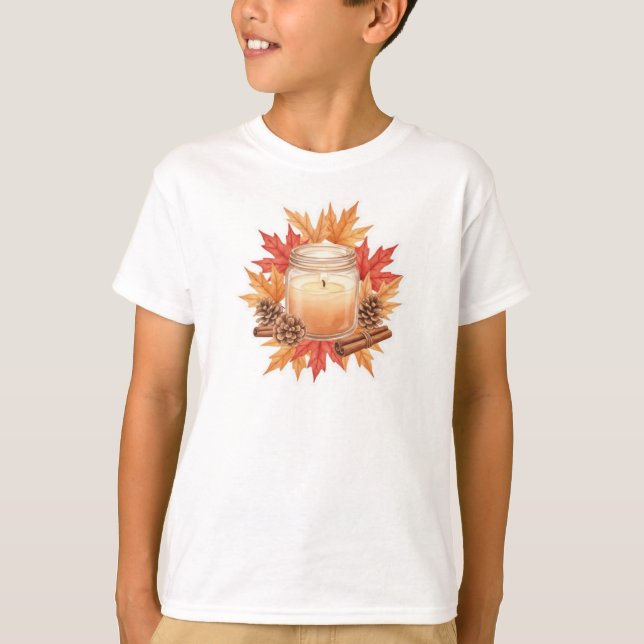 Camiseta Cozy Fall Candle with Maple Leaves | Autumn Design (Anverso)