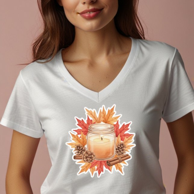 Camiseta Cozy Fall Candle with Maple Leaves | Autumn Design (Subido por el creador)