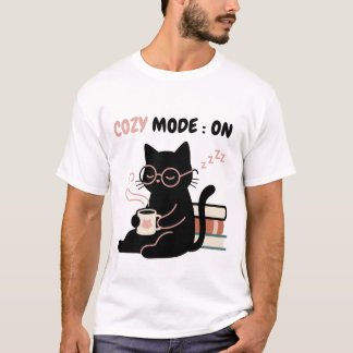 Camiseta Cozy Mode On Gato Negro Lindo Café Libros