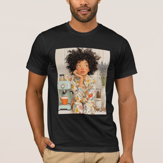 Camiseta Cozy Morning Coffee Girl – Warm AI Illustration  (Anverso)