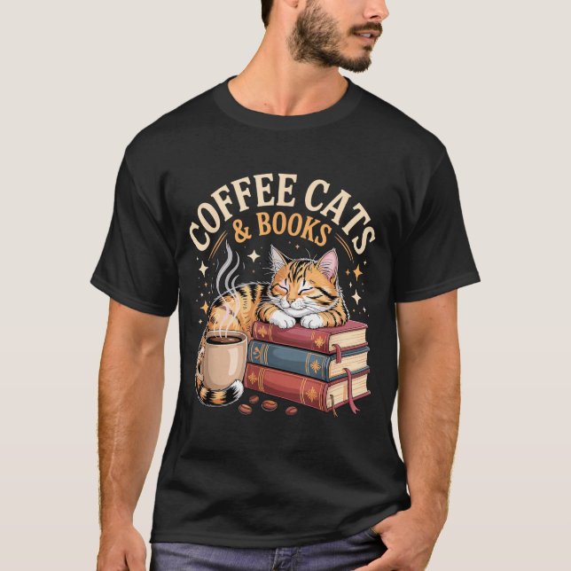 Camiseta Cozy Reading Cat Coffee And Books Lover Artwork  (Anverso)