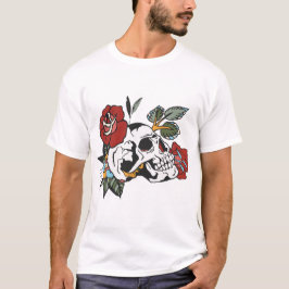 Camiseta crane fleur rose feuille tattoo tete de mort branc