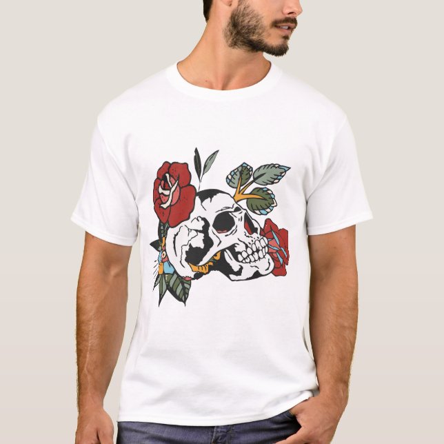 Camiseta crane fleur rose feuille tattoo tete de mort branc (Anverso)