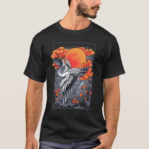 Camiseta Crane Tsuru Japonés Con Flores De Cerezo