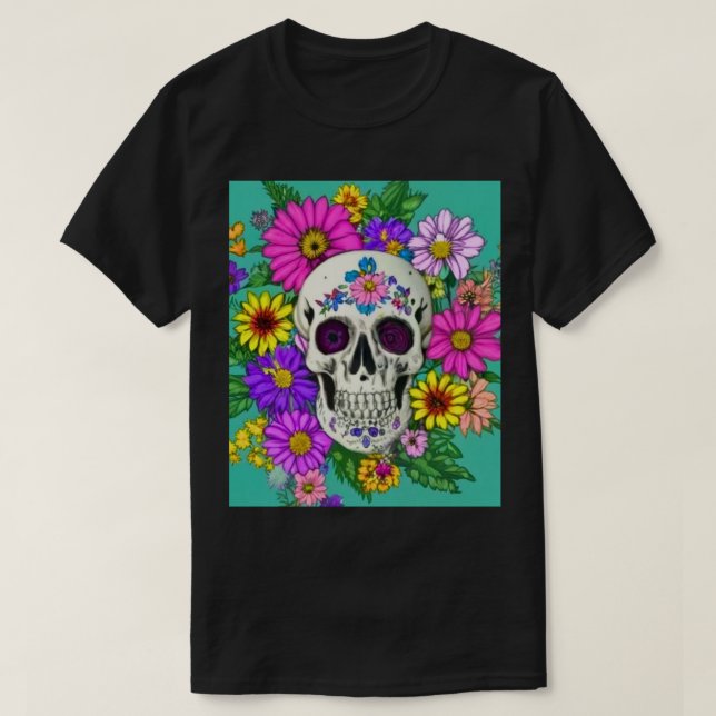Camiseta cráneo colorido con flores (Diseño del anverso)