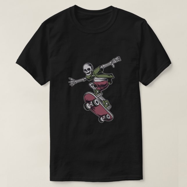 Camiseta cráneo con ilustracion de patineta en posición de  (Diseño del anverso)