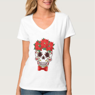 Camiseta Cráneo de azúcar con Poinsettias navidades