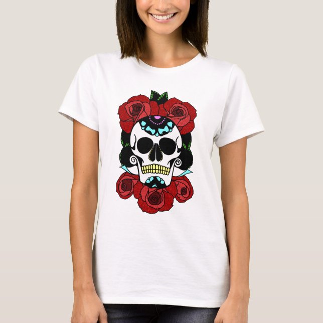 Camiseta Cráneo de azúcar con rosas rojas (Anverso)