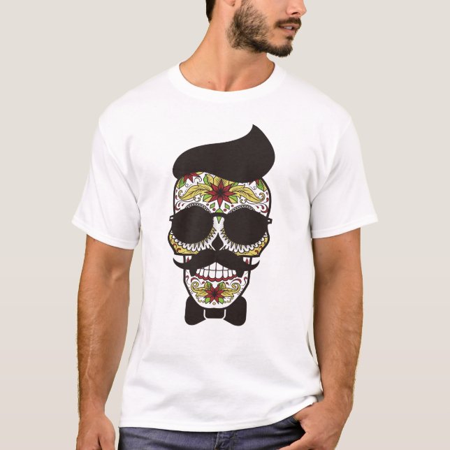Camiseta Cráneo de azúcar divertido Hipster Mustache Nerd H (Anverso)