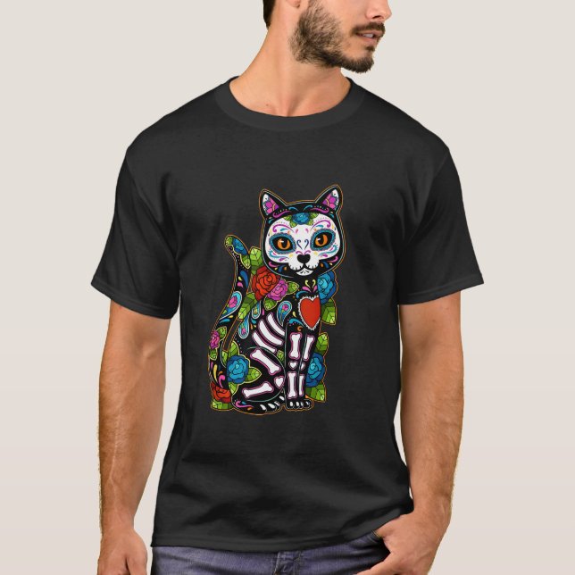 Camiseta Cráneo de azúcar Gato negro De Los Muertos Día De  (Anverso)
