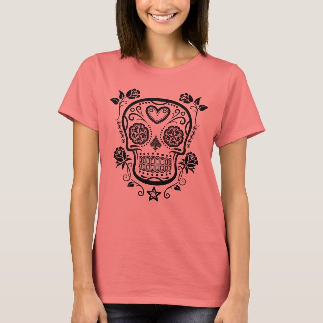 Camiseta Cráneo de azúcar negro con Rosas (Anverso)