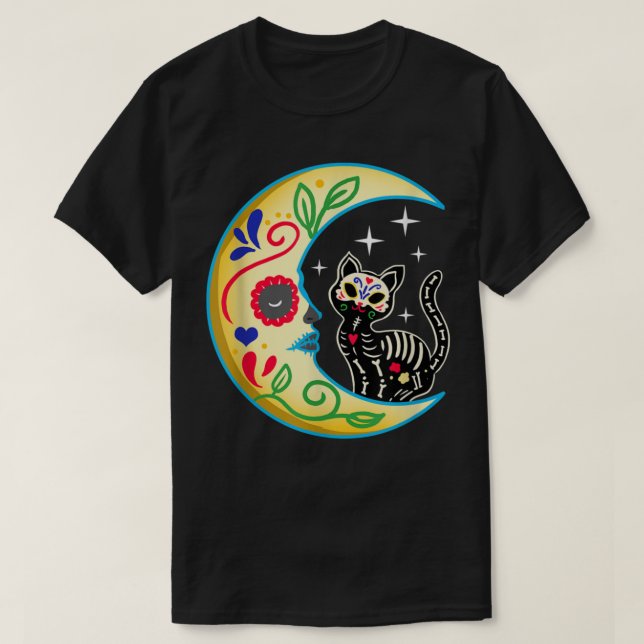 Camiseta Cráneo de azúcar para gatos y luna Dia de Los Muer (Diseño del anverso)