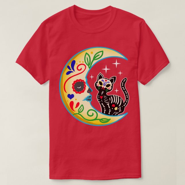 Camiseta Cráneo de azúcar para gatos y luna Dia de Los Muer (Diseño del anverso)