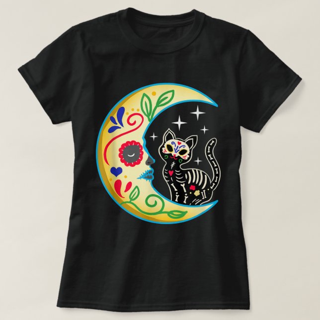 Camiseta Cráneo de azúcar para gatos y luna Dia de Los Muer (Diseño del anverso)