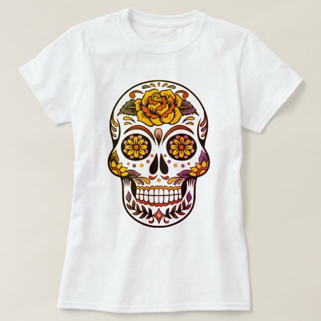 Camiseta Cráneo de azúcar rosa amarillo (Diseño del anverso)