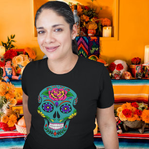Camiseta Cráneo de azúcar verde azulado Dia de los Muertos