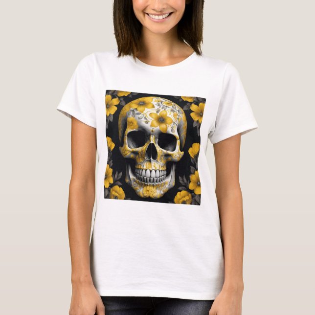 Camiseta Cráneo de flores amarillas 3D muerto con flores am (Anverso)