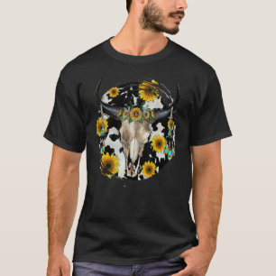 Camiseta Cráneo de toro con girasol vaquera de cuero de leo