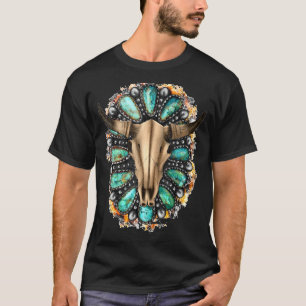 Camiseta Craneo de toro turquesa vaquera boho occidental