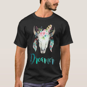 Camiseta Cráneo de vaca boho floral y pluma