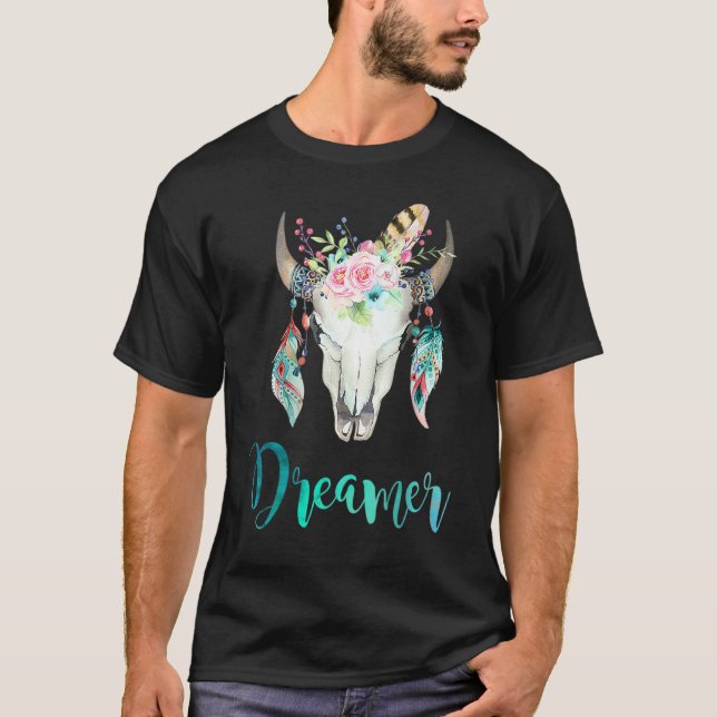 Camiseta Cráneo de vaca boho floral y pluma (Anverso)