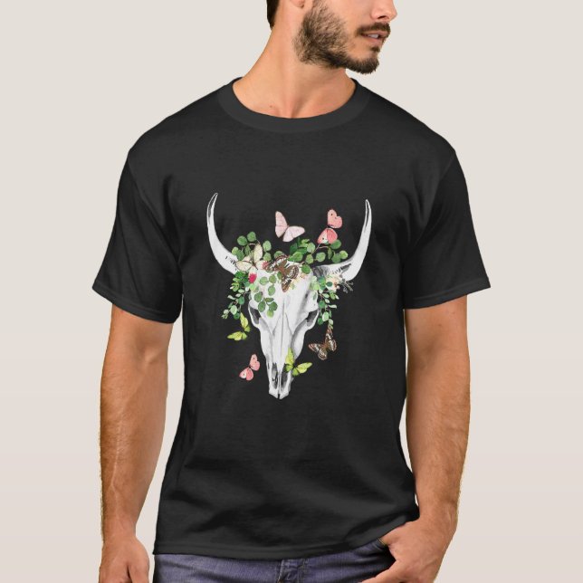 Camiseta Cráneo de vaca Flores Anatomía Con Floral Bonito (Anverso)