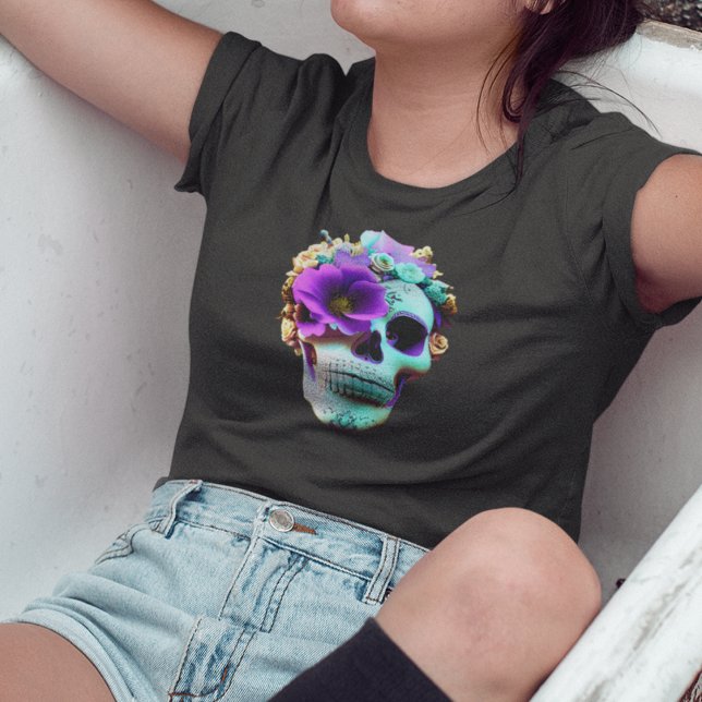 Camiseta Cráneo de zócalo de ojos de flores moradas para mu (Subido por el creador)